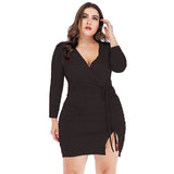 Women Plus Size Dresses Fashion V-neck Pleated Tie Sexy Dress