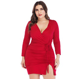 Women Plus Size Dresses Fashion V-neck Pleated Tie Sexy Dress