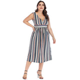 Women Plus Size Dresses Fashion V-neck Striped Lace-up Dress for Women