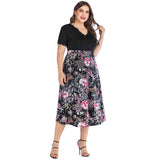 Women Plus Size Dresses Fashion V-neck Printed Stitching Short Sleeves Casual Dress