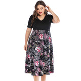 Women Plus Size Dresses Fashion V-neck Printed Stitching Short Sleeves Casual Dress
