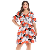 Women plus Size Dressesv Collar Printed Ruffle Sleeve Stitching Dress for Women