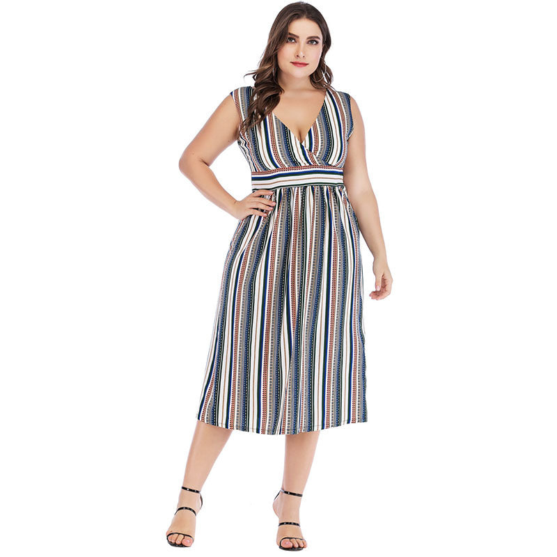 Women Plus Size Dresses Fashion V-neck Striped Lace-up Dress for Women