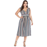 Women Plus Size Dresses Fashion V-neck Striped Lace-up Dress for Women