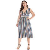 Women Plus Size Dresses Fashion V-neck Striped Lace-up Dress for Women