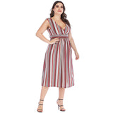 Women Plus Size Dresses Fashion V-neck Striped Lace-up Dress for Women