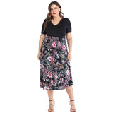 Women Plus Size Dresses Fashion V-neck Printed Stitching Short Sleeves Casual Dress