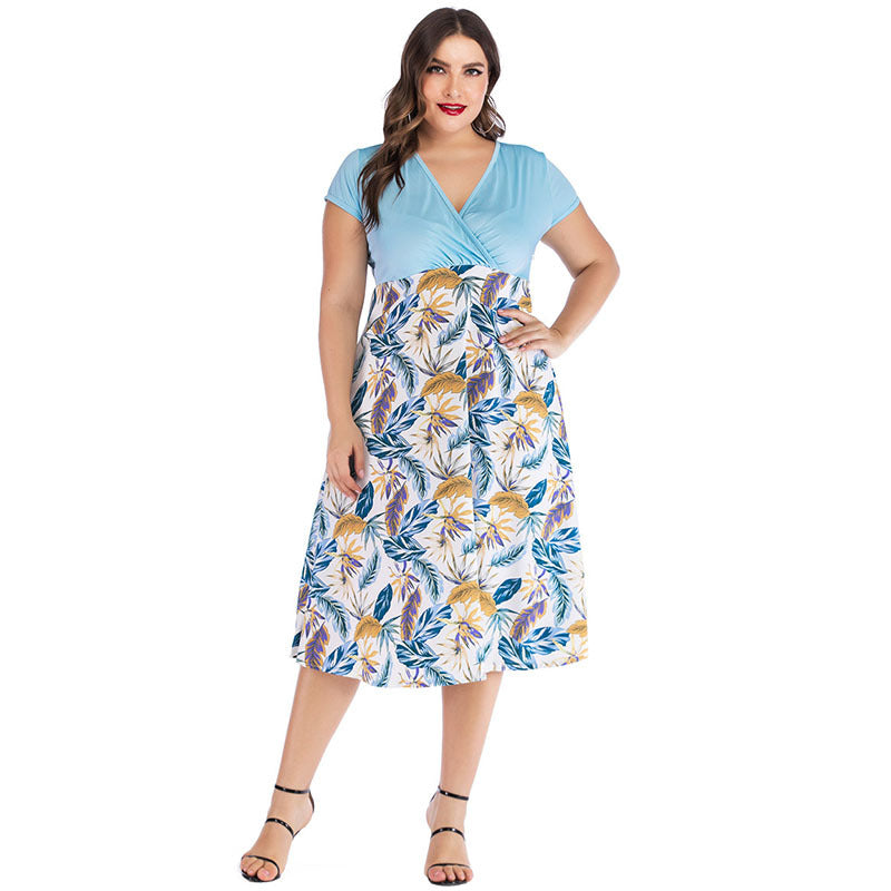 Women Plus Size Dresses Fashionable V-neck Printed Casual Dress