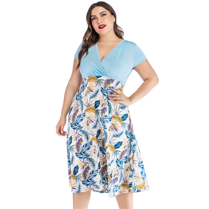 Women Plus Size Dresses Fashionable V-neck Printed Casual Dress