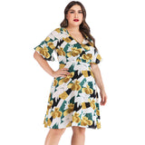 Women plus Size Dressesv Collar Printed Ruffle Sleeve Stitching Dress for Women