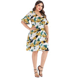 Women plus Size Dressesv Collar Printed Ruffle Sleeve Stitching Dress for Women