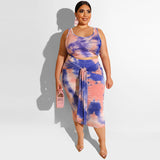 Women Plus Size Co-Ords Tight Sexy Bodycon Exposed Navel Tie-Dye Printed Two-Piece Suit