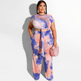 Women Plus Size Co-Ords Lace-up Tight Exposed Navel Tie-Dye Pants Vest Two-Piece Set