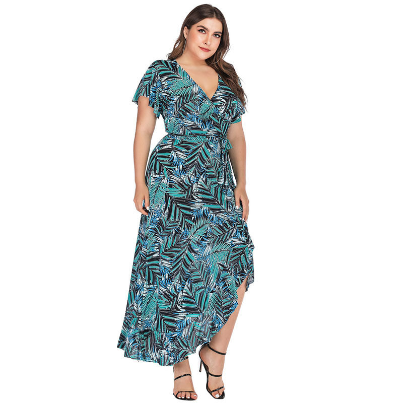Women Plus Size Dresses Fashionable V-neck Printed Asymmetric Dress