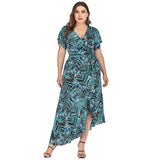 Women Plus Size Dresses Fashionable V-neck Printed Asymmetric Dress
