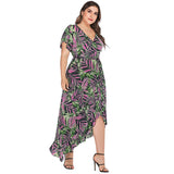 Women Plus Size Dresses Fashionable V-neck Printed Asymmetric Dress