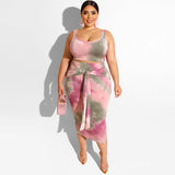 Women Plus Size Co-Ords Tight Sexy Bodycon Exposed Navel Tie-Dye Printed Two-Piece Suit