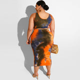 Women Plus Size Co-Ords Tight Sexy Bodycon Exposed Navel Tie-Dye Printed Two-Piece Suit