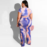 Women Plus Size Co-Ords Lace-up Tight Exposed Navel Tie-Dye Pants Vest Two-Piece Set