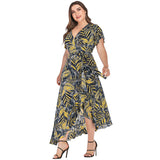 Women Plus Size Dresses Fashionable V-neck Printed Asymmetric Dress