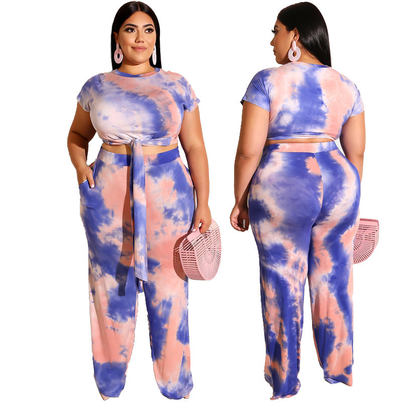 Women Plus Size Co-Ords Lace-up Tight Exposed Navel Tie-Dye Pants Vest Two-Piece Set
