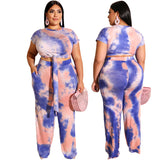 Women Plus Size Co-Ords Lace-up Tight Exposed Navel Tie-Dye Pants Vest Two-Piece Set