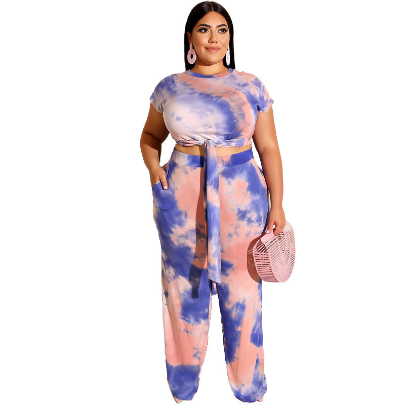 Women Plus Size Co-Ords Lace-up Tight Exposed Navel Tie-Dye Pants Vest Two-Piece Set
