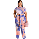 Women Plus Size Co-Ords Lace-up Tight Exposed Navel Tie-Dye Pants Vest Two-Piece Set