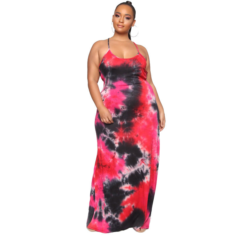 Women Plus Size Maxi Dresses Tie-Dyed Printed Suspender Tight Maxi Dress
