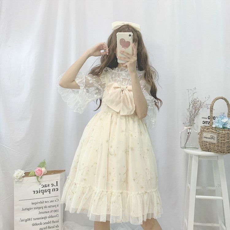 Gothic Lolita Harajuku Style Clothing Season Starry Sky Mesh Girl Dream Embroidered Dress JSK Skirt