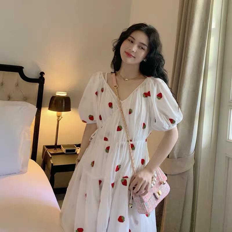 Strawberry Embroidered White Swing dress Midi Dress