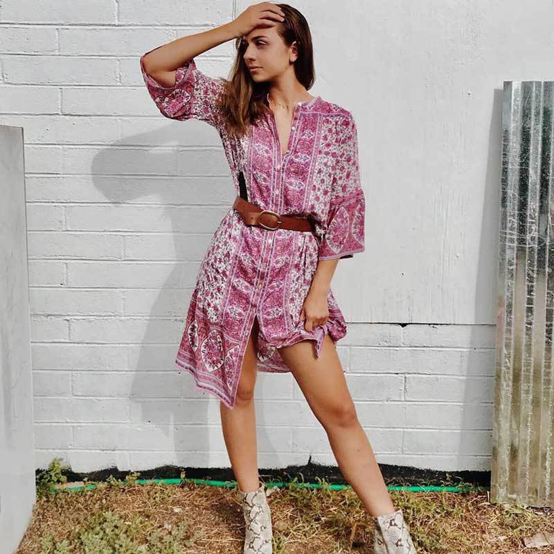 Beth Dutton Bohemian Dress Winter Autumn Midi Dresses Breasted Cardigan Printed Dress