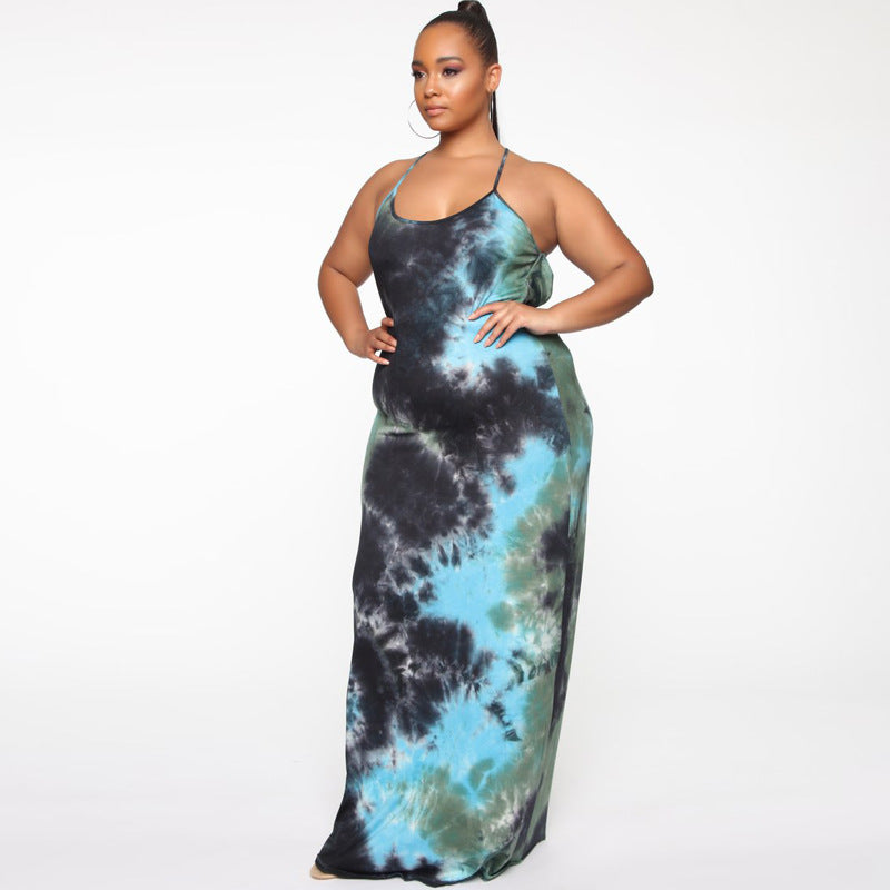 Women Plus Size Maxi Dresses Tie-Dyed Printed Suspender Tight Maxi Dress