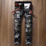 J Shaped Jeans Men's Jeans Ripped Rivet Stitching Ruffle Patch Locomotive