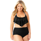 Women Plus Size Swimwear Bandeau Bikinis Halter Lace-up Split Swimsuit Flounced High Waist Triangle Two-Piece Suit