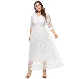 Women Plus Size Dresses Fashion V-neck Lace Stitching Midi Dress