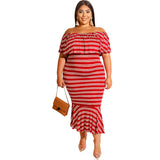 Women Plus Size Midi Dresses Ruffled Striped Tight Sexy Bodycon Dress