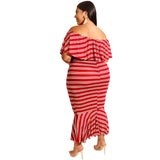 Women Plus Size Midi Dresses Ruffled Striped Tight Sexy Bodycon Dress