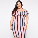 Women Plus Size Mini Dresses Summer Striped Off-Shoulder Ruffle Collar Dress