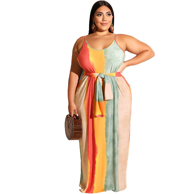 Women Plus Size Maxi Dresses Striped Loose Strap Dress with Belt Summer