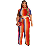 Women Plus Size Co-Ords Striped Printed Tight T-shirt Straight Pants Fashion Casual Two-Piece Suit