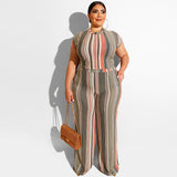 Women Plus Size Co-Ords Striped Printed Tight T-shirt Straight Pants Fashion Casual Two-Piece Suit