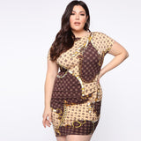 Women Plus Size Mini Dresses Chain Print Tight Bodycon Round Neck Dress