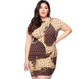 Women Plus Size Mini Dresses Chain Print Tight Bodycon Round Neck Dress