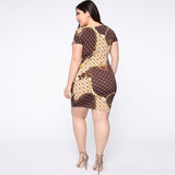 Women Plus Size Mini Dresses Chain Print Tight Bodycon Round Neck Dress