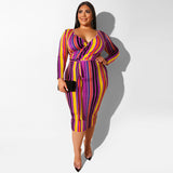 Women Plus Size Midi Dresses Color Cross Tight Bodyconv Collar Sexy Dress with Belt