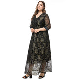 Women Plus Size Dresses Fashion V-neck Lace Stitching Midi Dress
