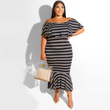 Women Plus Size Midi Dresses Ruffled Striped Tight Sexy Bodycon Dress