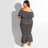 Women Plus Size Midi Dresses Ruffled Striped Tight Sexy Bodycon Dress