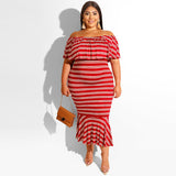 Women Plus Size Midi Dresses Ruffled Striped Tight Sexy Bodycon Dress